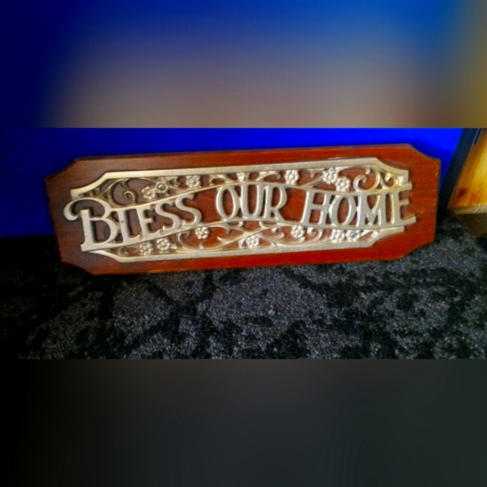 Bless Our Home Wood Wall Plaque in Brown and Gold 17×5